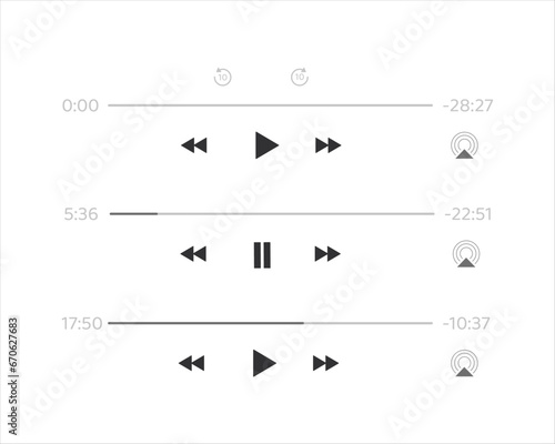 Set audio or video player progress loading bars with time slider, play and pause, rewind and fast forward buttons. Templates of media player playback panel interface. Vector illustration