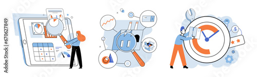 Business process. Vector illustration. Occupations in commerce require knowledge marketing and finance principles Economic management plays pivotal role in business investment decisions Accounting