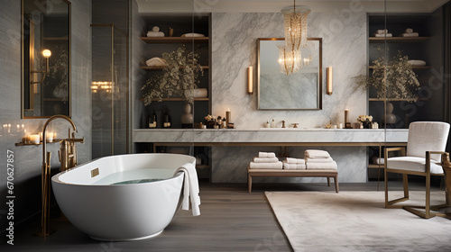 A luxurious spa-style bathroom with a freestanding bathtub  rain shower  and marble accents