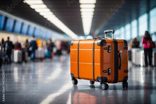 Travel luggage suitcase in terminal empty departure airport hall waiting for seat. Generative Ai.