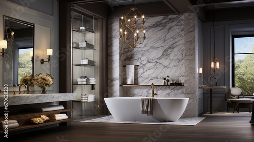 A luxurious spa-style bathroom with a freestanding bathtub, rain shower, and marble accents
