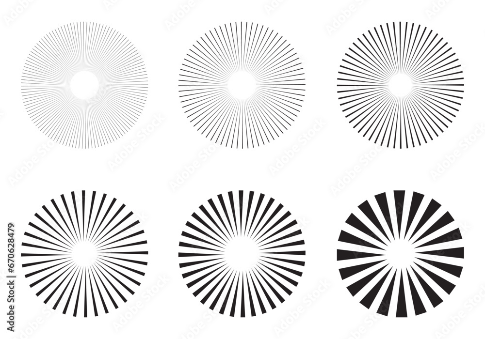 Sunburst design elements collection. circular beams vector.  Sun rise light round decoration elements. Vector illustration. Abstract line circle vector background. - obrazy, fototapety, plakaty 