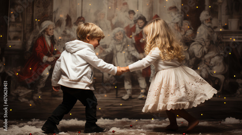 Two children dancing in front of a large Christmas painting on barnwood - very festive - holiday spirit - Christmas - holiday - dance - kids - cute 