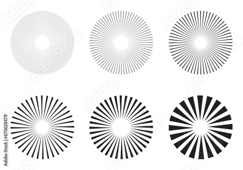  Sunburst design elements collection. circular beams vector.  Sun rise light round decoration elements. Vector illustration. Abstract line circle vector background.