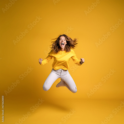 Young woman jumping for joy on a yellow background in a studio