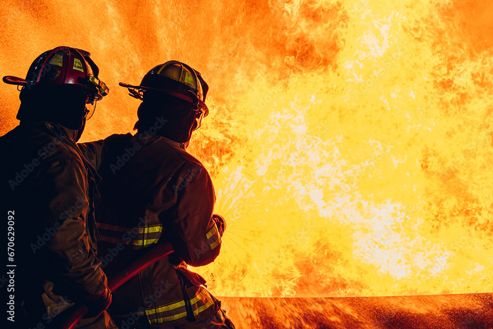 Firefighter Concept. Fireman using water and extinguisher to fighting with fire flame. firefighters fighting a fire with a hose and water during a firefighting training exercise Firefighter Concept. Fireman using water and extinguisher to fighting with fire flame. firefighters fighting a fire with a hose and water during a firefighting training exercise