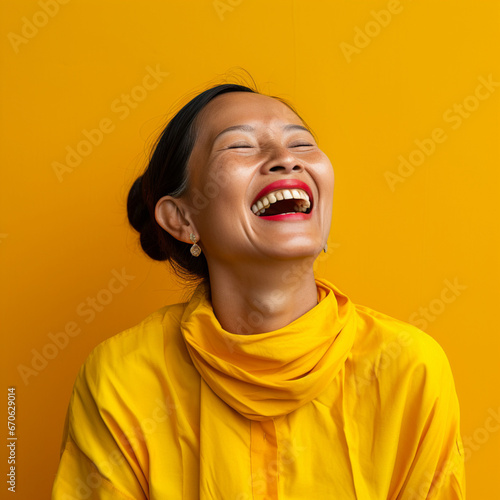 Portrait of an excited smiling Asian woman on a yellow background