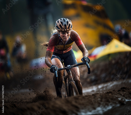 Professional female cyclist during a cyclocross competition