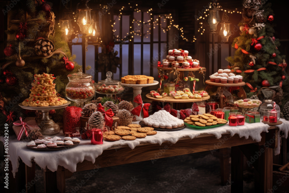 Obraz premium Thanksgiving Food and Dessert for party invitation, Christmas party celebration with dinner meal on table, Happy new year and Xmas scene, wooden table full of food and treats.