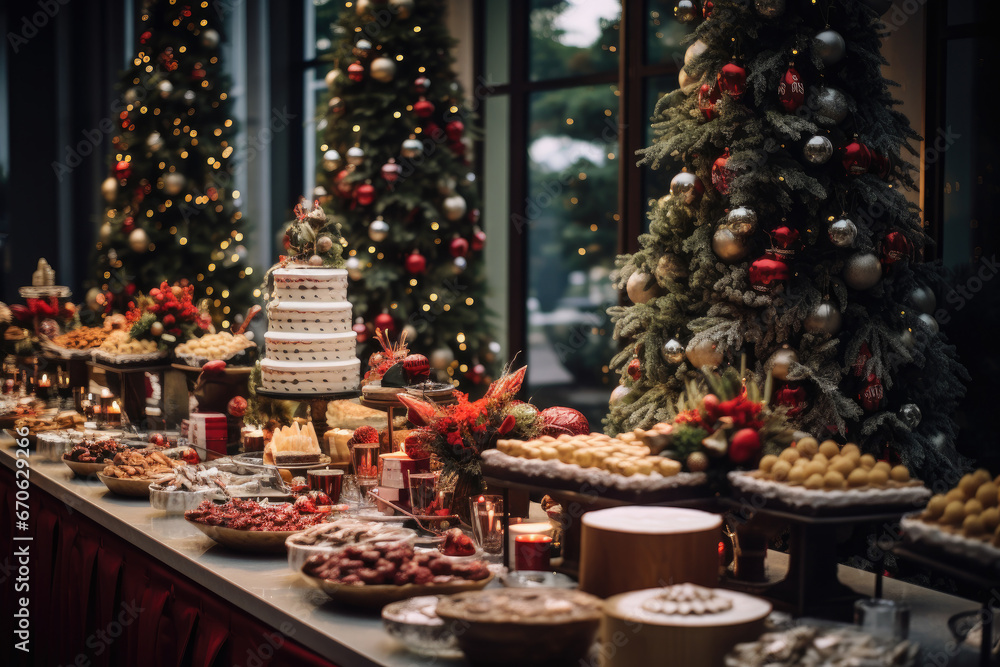 Thanksgiving Food and Dessert for party invitation, Christmas party celebration with dinner meal on table, Happy new year and Xmas scene, wooden table full of food and treats.