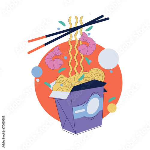 Asian Noodle in Carton Box Package with Shrimps and Chopstick Vector Illustration