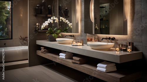A contemporary bathroom with a floating vanity, vessel sinks, and backlit mirrors