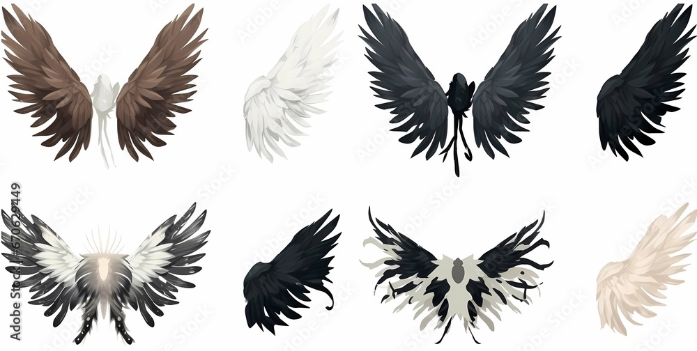 Obraz premium Set of black and white wings isolated on white background, Generative AI illustrations.