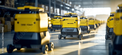 Smart robot, box-mover robots carry box in the warehouse, system for innovative warehouse and factory digital technology, IOT software connected to internet network in Distribution Logistics Center.