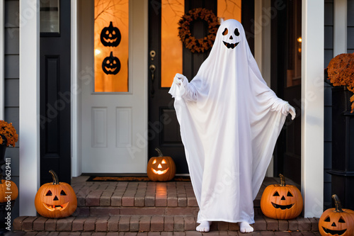 A child in a ghost costume, with a white sheet and cut-out eye holes, standing on a doorstep for Halloween. © Martin Mohan