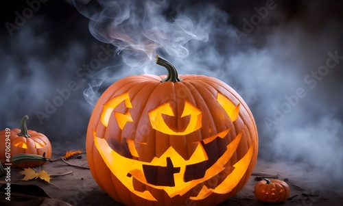 light Smoke from inside of Halloween pumpkin on sunlight bokeh background