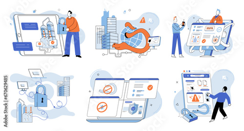 Data protection. Vector illustration. Safety measures are implemented to safeguard digital assets Banners raise awareness about importance datprotection Systems and software are designed to enhance