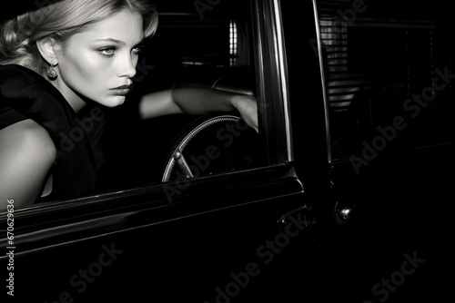 black and white photo of attractive female with vintage car 60's 70's style