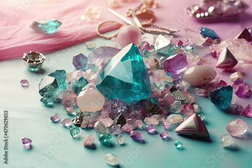 Collection of pink and turquoise crystals gemstones and precious stones