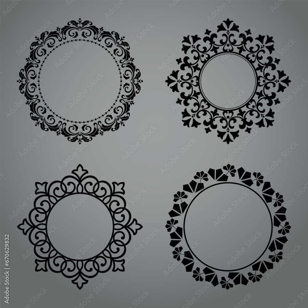 Set of decorative frames Elegant vector element for design in Eastern style, place for text. Floral black and gray borders. Lace illustration for invitations and greeting cards Set of decorative frames Elegant vector element for design in Eastern style, place for text. Floral black and gray borders. Lace illustration for invitations and greeting cards