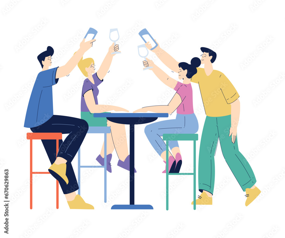 Man and Woman Character with Glass Enjoying Cold Refreshing Drink at Table as Friend Meeting Vector Illustration Man and Woman Character with Glass Enjoying Cold Refreshing Drink at Table as Friend Meeting Vector Illustration