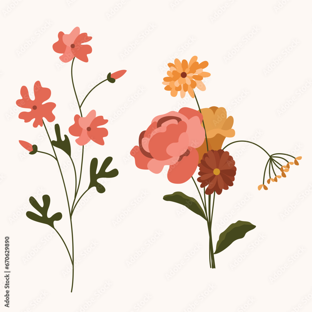 Collection of pink flower and green leaf designs