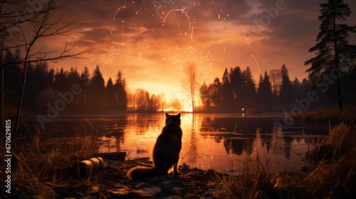 A Cat And Fireworks Creating A Dazzling New Years , Background Images, Hd Illustrations