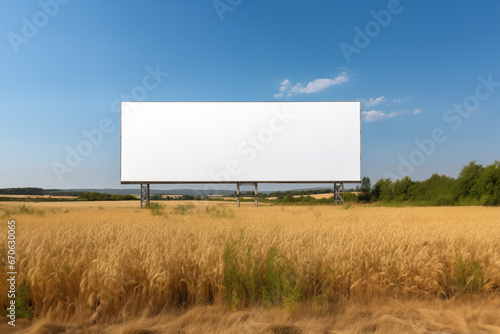 View from the side of white blank billboard mockup in the middle of barley rice field and sunny day, white blank billboard mockup