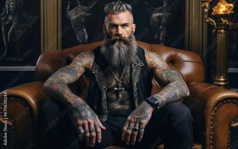 A tattooed man with a long black tatted beard sitting on a couch A tattooed man with a long black tatted beard sitting on a couch