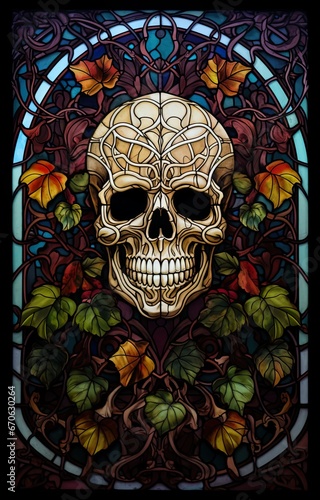 Stain glass window with a skull design.