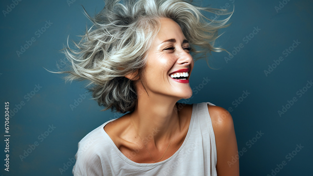 Potrait of beautiful gorgeous 50s mid age, beautiful mature old lady. Elderly senior model woman with grey hair laughing and smiling. Close up portrait. Generative AI - obrazy, fototapety, plakaty 