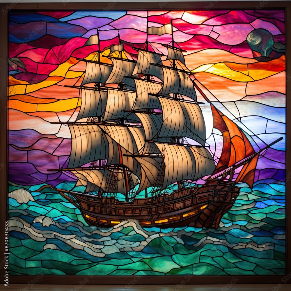 Stained glass window of a tall ship sailing on the ocean.