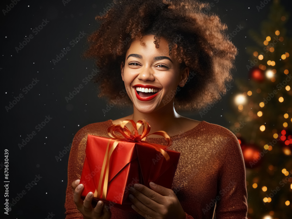 Portrait of a beautiful African american woman with a gift Portrait of a beautiful African american woman with a gift