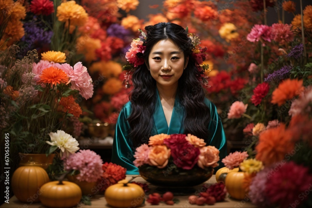 portrait of a attractive japanese mature man/woman in kimono surrounded beautiful and colorful flowers. Generative Ai.