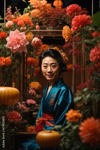 portrait of a attractive japanese mature man woman in kimono surrounded beautiful and colorful flowers. Generative Ai.