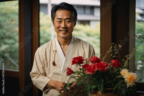 portrait of a attractive japanese mature man/woman in kimono surrounded beautiful and colorful flowers. Generative Ai.