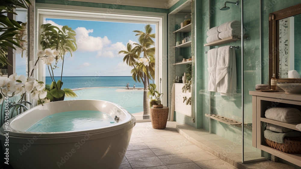 A bathroom with a coastal theme, featuring aqua-blue tiles, seashell decor, and a beachfront view A bathroom with a coastal theme, featuring aqua-blue tiles, seashell decor, and a beachfront view
