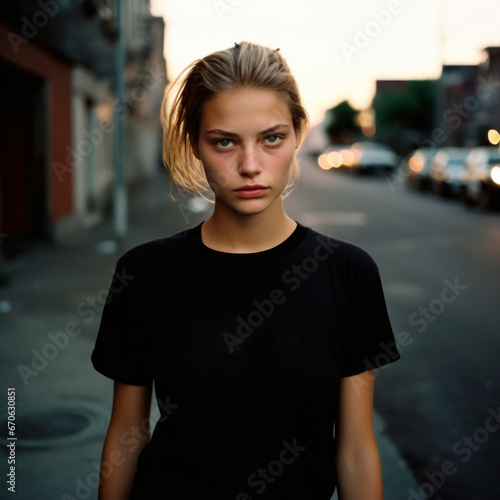 Intense facial expression woman in plain black t-shirt in the street at evening photo