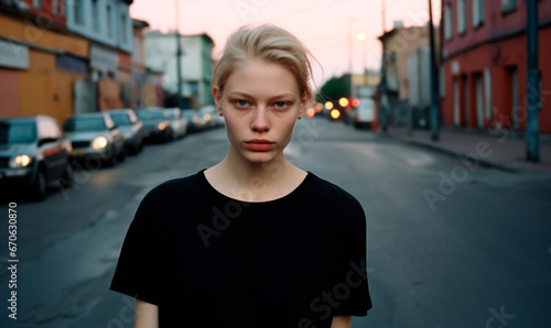 Serious woman in plain black t-shirt, standing in the street at evening photo