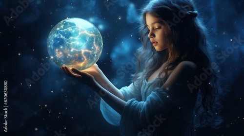 Magic crystal ball in the hands of a girl witch fortune teller, the theme of mysticism, occult and paranormal