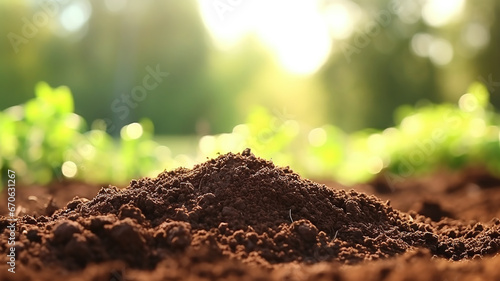 soil for planting with green blur and sunlight background. World Soil Day Generative AI