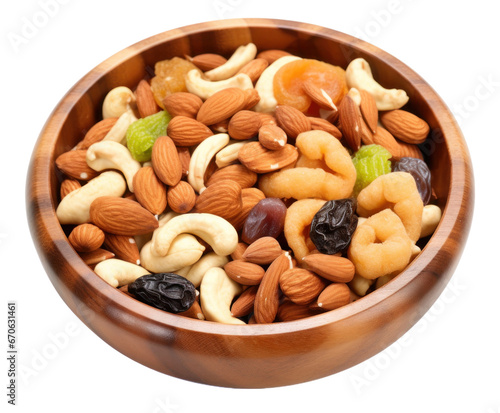 Mixed nuts in a wood bowl isolated on a transparent background created with Generative AI technology