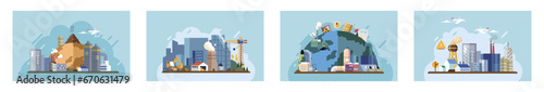 Industrial pollution. Dirty waste. Environmental pollution. Vector illustration. The rise in industrial production is causing significant air pollution Factory emitting smoke is affecting health