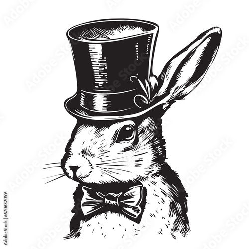 Rabbit face in top hat hand drawn sketch in doodle style Vector illustration Cartoon