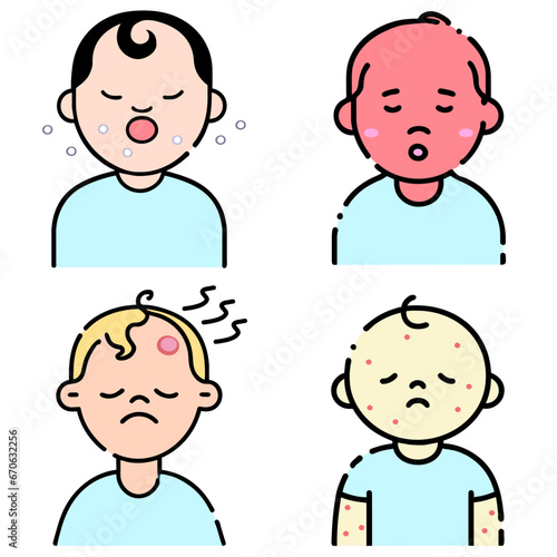 Icon set sick kid belch retch fever temperature abscess bubonic head Injury
