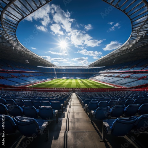 The atmosphere of a football stadium in Europe, the appearance of the stadium seats looks beautiful with the reflection of the sun, good for news, inspiration, magazines, etc. Generative Ai Image