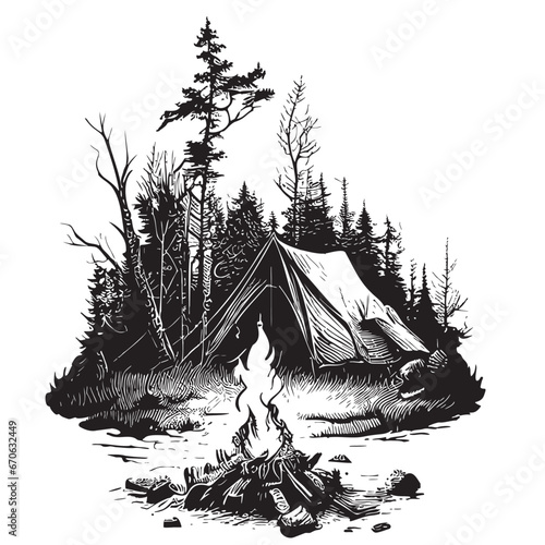Tent in the forest, campfire sketch hand drawn Camping llustration