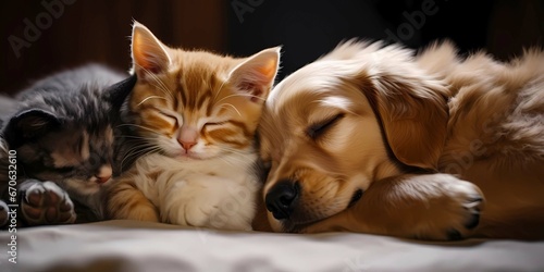 Cute Golden Retriever puppy sleeping with cat on the bed, Generative AI illustrations.