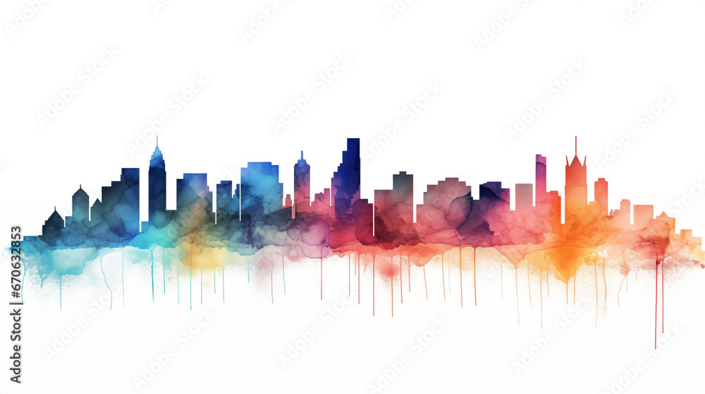 Metropolis cityscape skyline colorful watercolor painting abstract background.