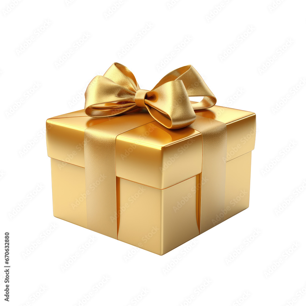 Goldene Geschenkbox mit Schleife, isoliert auf transparentem Hintergrund Goldene Geschenkbox mit Schleife, isoliert auf transparentem Hintergrund